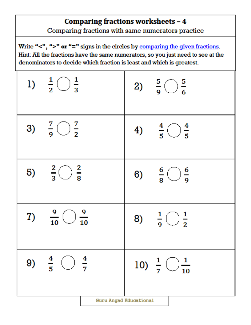 25RD GRADE MATH - COMPARING FRACTIONS WITH SAME NUMERATORS BUT Intended For Equivalent Fractions Worksheet Pdf