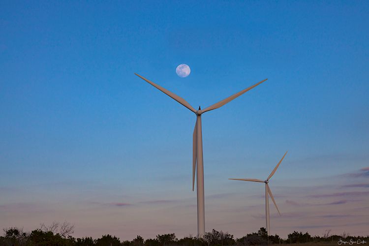 Howard County HWY 87 S toward Forsan Turbines and Moon May 2016 by Ginger Sisco Cook.jpg