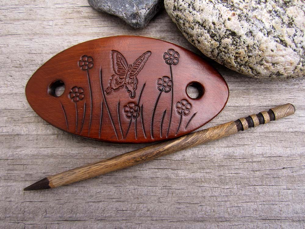 Butterfly Leather Barrette with Wooden Stick Hand Tooled 2a.jpg