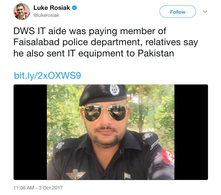 Luke Rosiak on Twitter   DWS IT aide was paying member of Faisalabad police department  relatives say he also sent IT equipment to Pakistan https   t.co 1MTqBgkbhz https   t.co fd2tArhotn .png