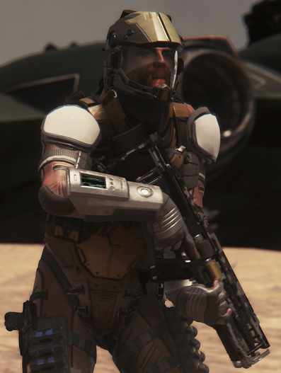 UEE marine defending his Vanguard Hoplite on moon Daymar by Glenn Batuyong.png