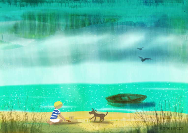 csonak a parton kisfiuval agnes laczo art rajz mese tengerpart nyari kaland.jpg