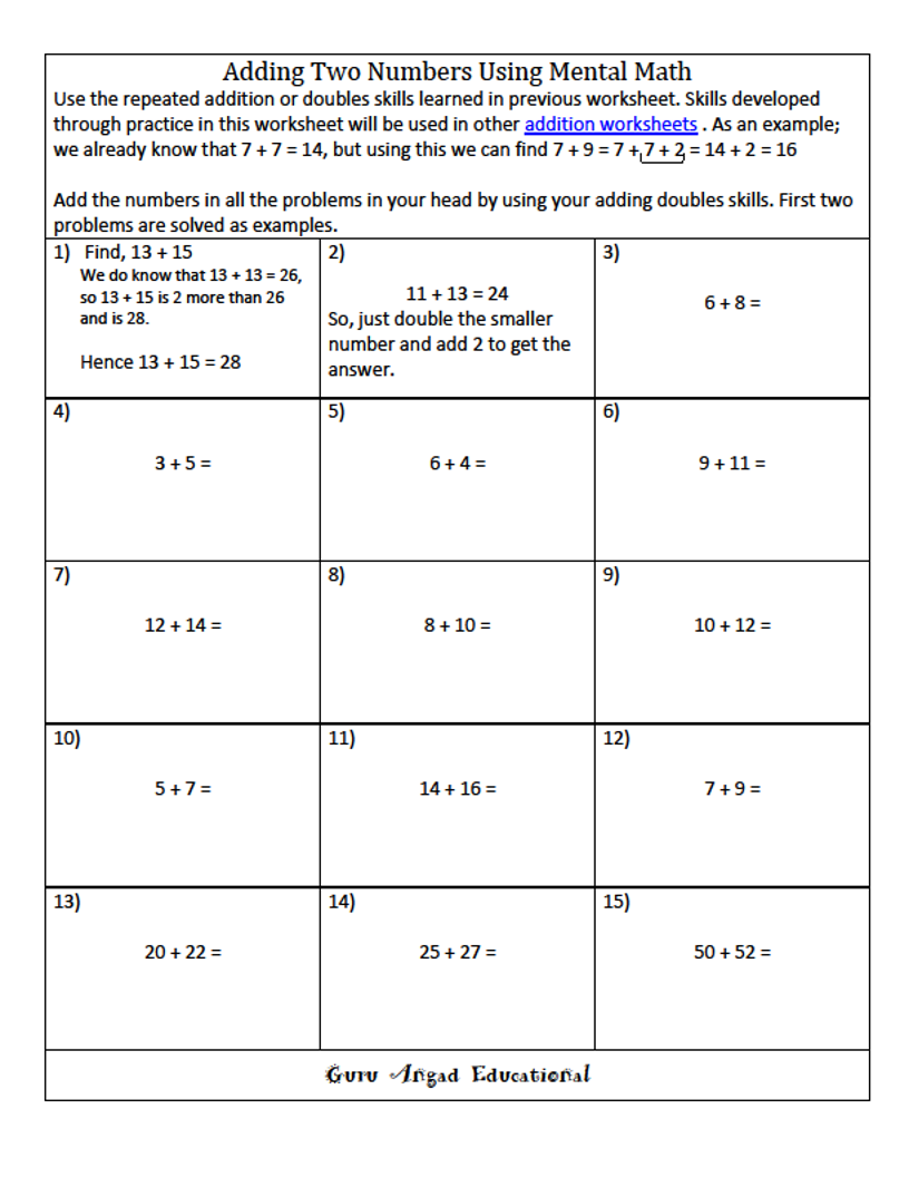 23RD GRADE MATH - SIMPLE ADDITION STRATEGIES DOUBLES PLUS ONE Intended For Doubles Plus One Worksheet