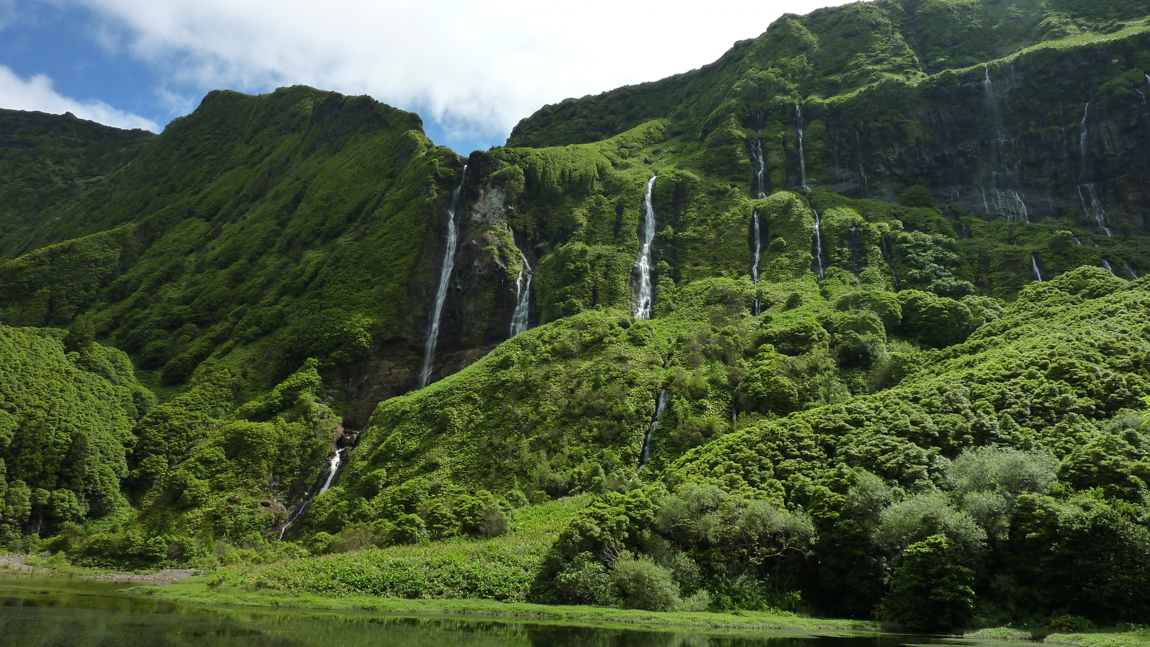 Nature Azores Portugal Waterfalls Trees Grass 4k Resolution