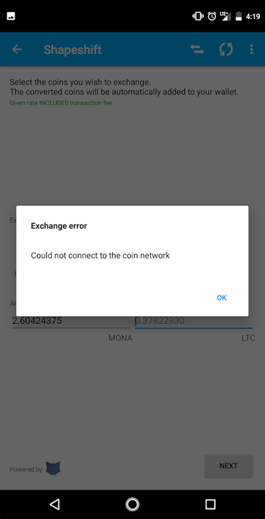 Coinomi using shapeshift failure