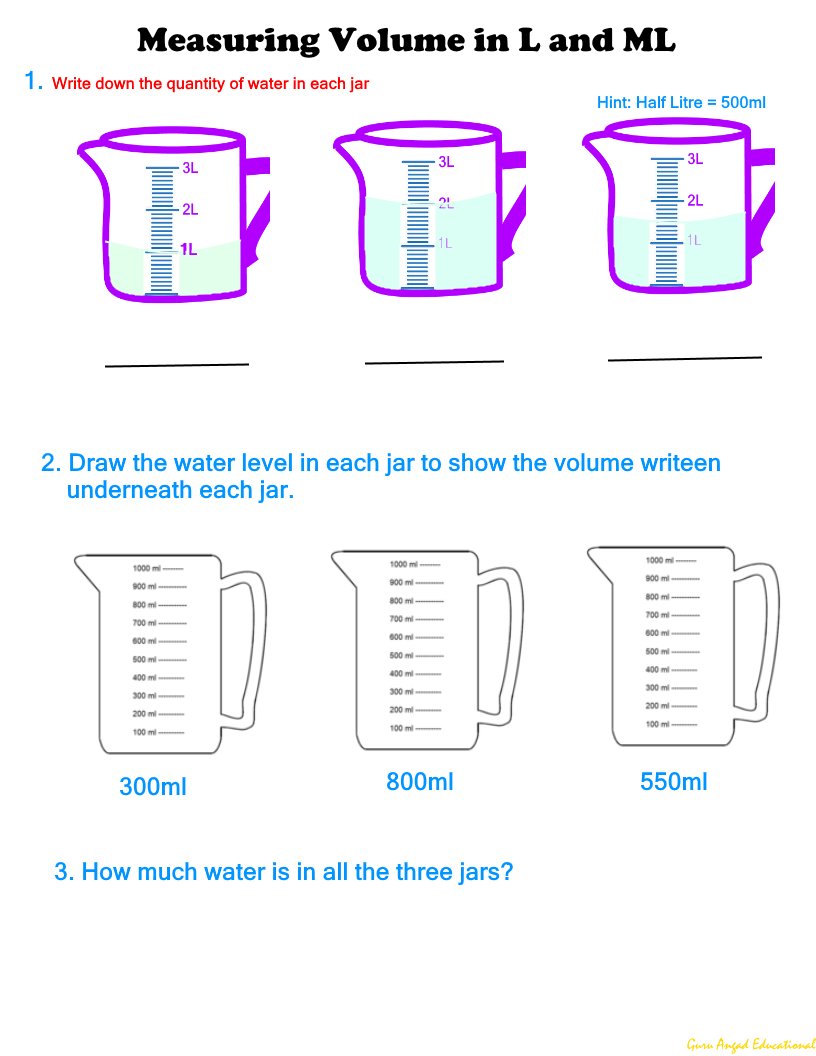 22RD GRADE MATH - LEARNING TO READ VOLUME MEASURING CONTAINERS With Regard To Measuring Liquid Volume Worksheet