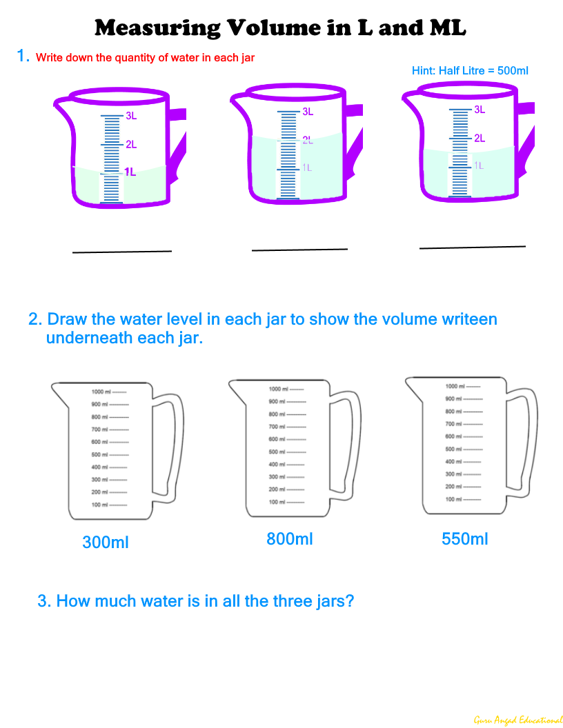 23RD GRADE MATH - LEARNING TO READ VOLUME MEASURING CONTAINERS Within Measuring Liquid Volume Worksheet