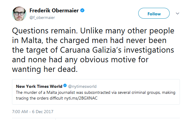 Frederik Obermaier on Twitter   Questions remain. Unlike many other people in Malta  the charged men had never been the target of Caruana Galizia’s investigations and none… https   t.co loMp15d9zk .png