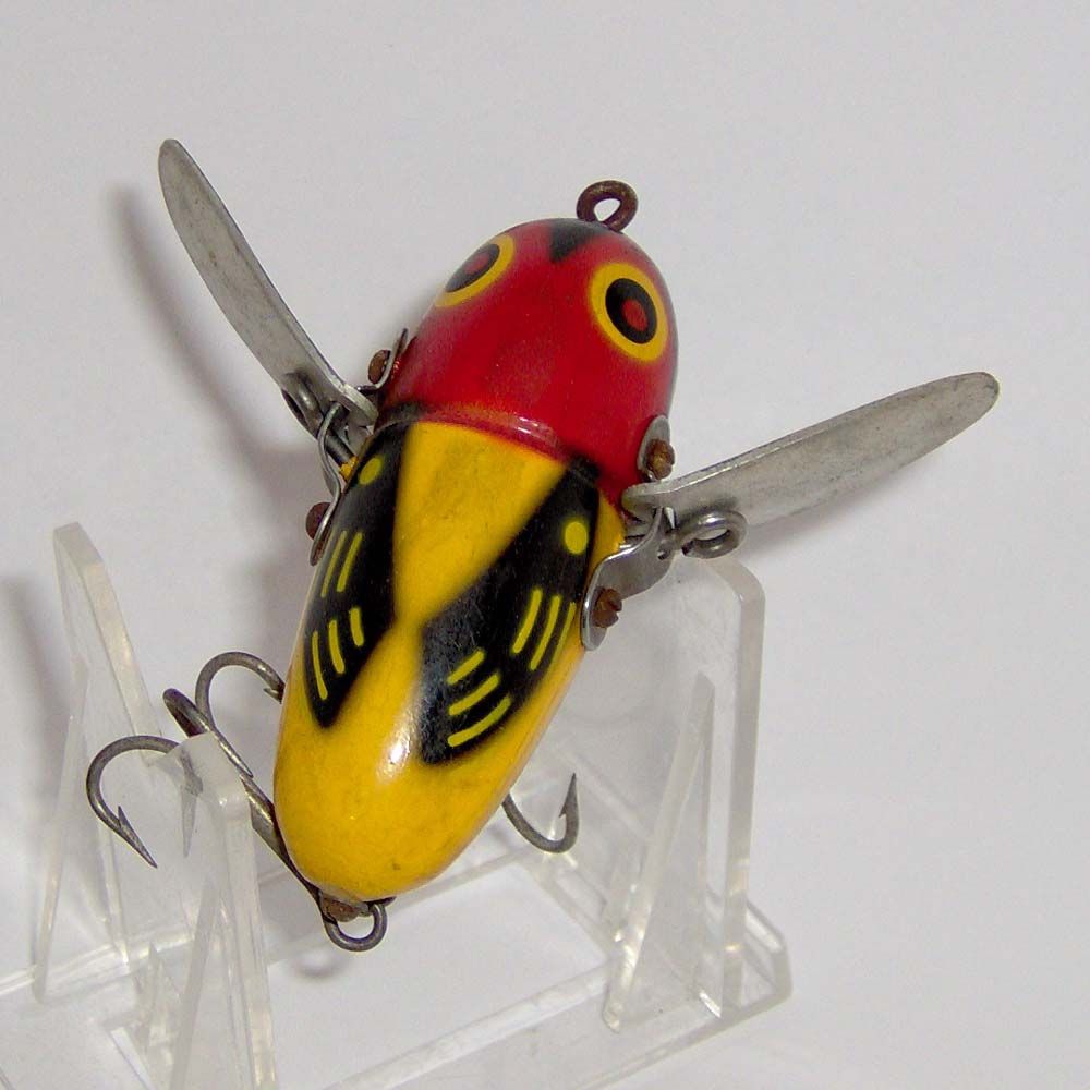 VINTAGE HEDDON CRAZY CRAWLER WOOD LURE in RED HEAD YELLOW BODY