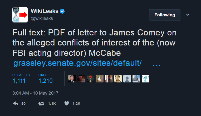 WikiLeaks on Twitter   Full text  PDF of letter to James Comey on the alleged conflicts of interest of the  now FBI acting director  McCabe https   t.co fxGweCorfv .png
