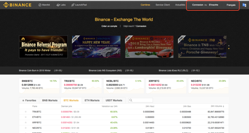 Menu d'inscription de Binance