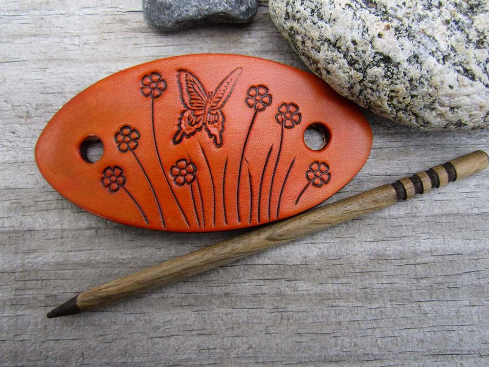 Butterfly Leather Barrette with Wooden Stick Hand Tooled 3a.jpg