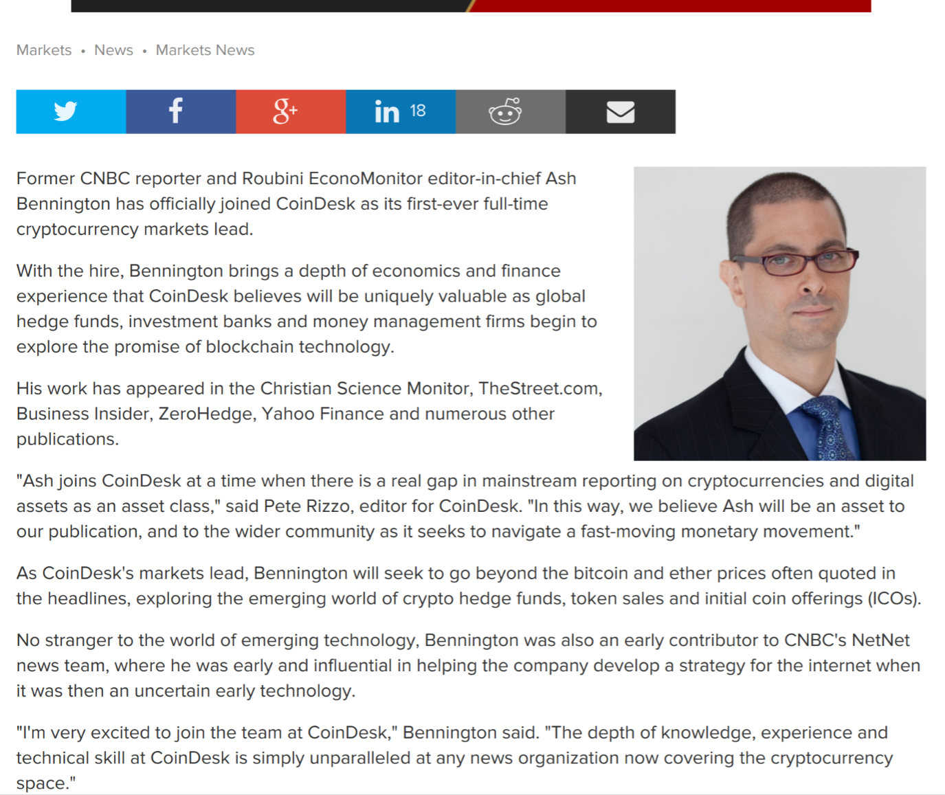 CNBC, Roubini Veteran Ash Bennington Joins CoinDesk as First-Ever Markets  Lead — Steemit