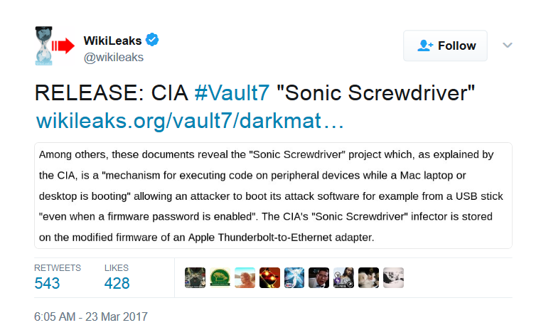 WikiLeaks on Twitter RELEASE CIA Vault7 Sonic Screwdriver https t.co pgnfeODXVB https t.co 18BcVdqkqd .png
