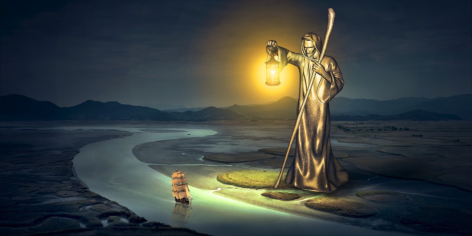Fantasy River Statue Lantern Light Ship Night.jpg