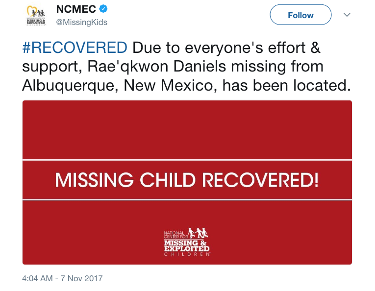NCMEC on Twitter    RECOVERED Due to everyone s effort   support  Rae qkwon Daniels missing from Albuquerque  New Mexico  has been located. https   t.co 7oQIDXc2xZ .png