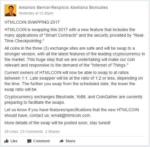 HTML5 COIN developer update on facebook