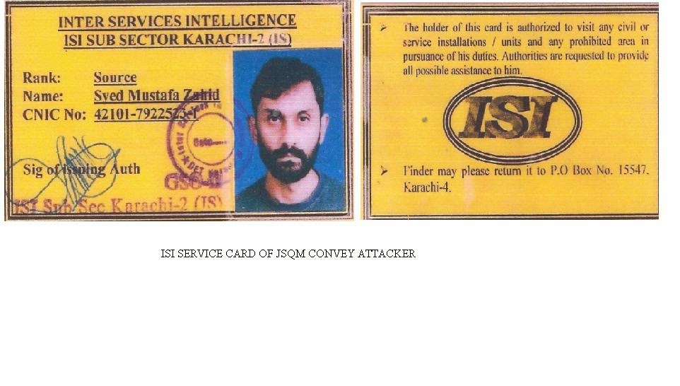 1 JSQM-Attack-on-Bashir-Qureshi-ARMED LICENCE PASS  ISI agent Syed Mustafa Zaid Sample ISI Identity card.JPG