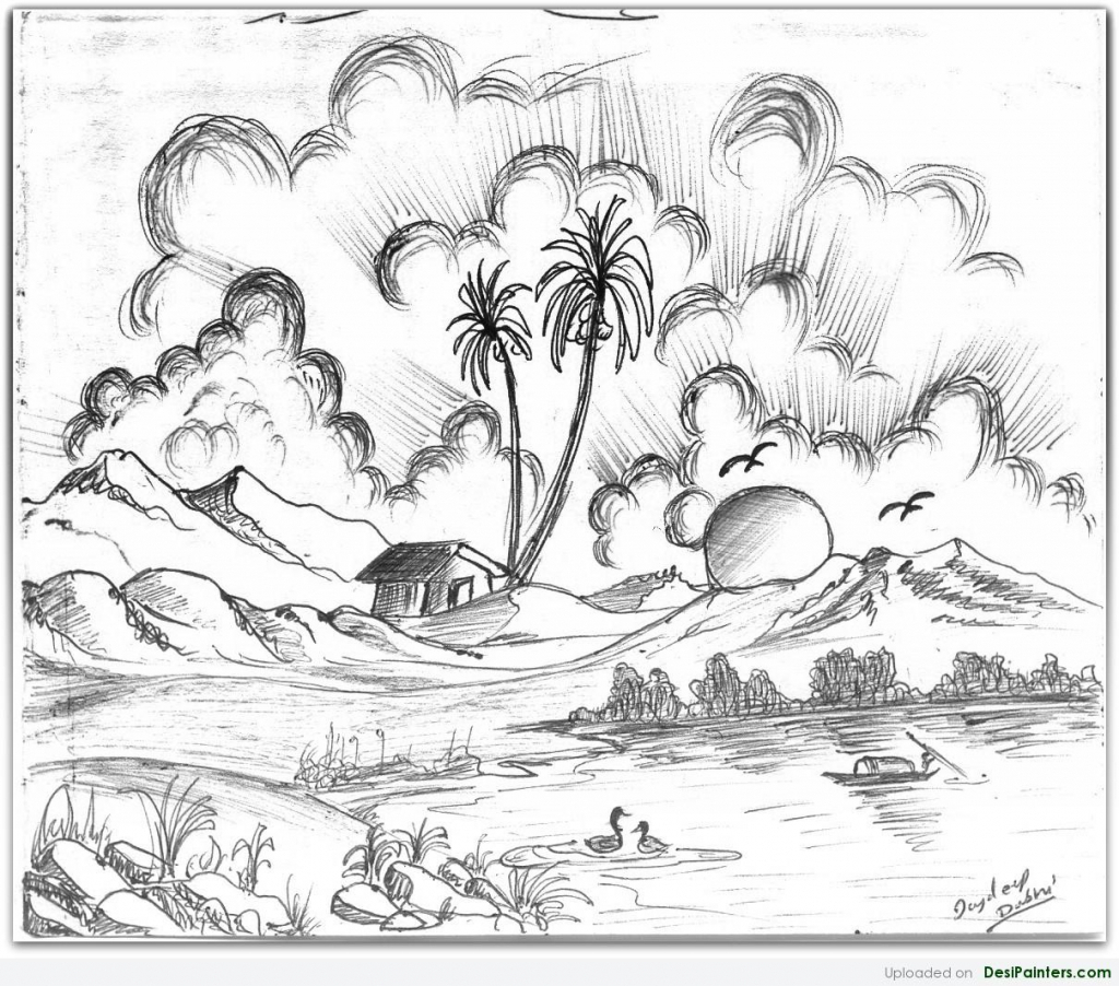 how to draw easy pencil sketch scenery,landscape,pahar and river side sc...  | Easy scenery drawing, Landscape drawings, Landscape pencil drawings