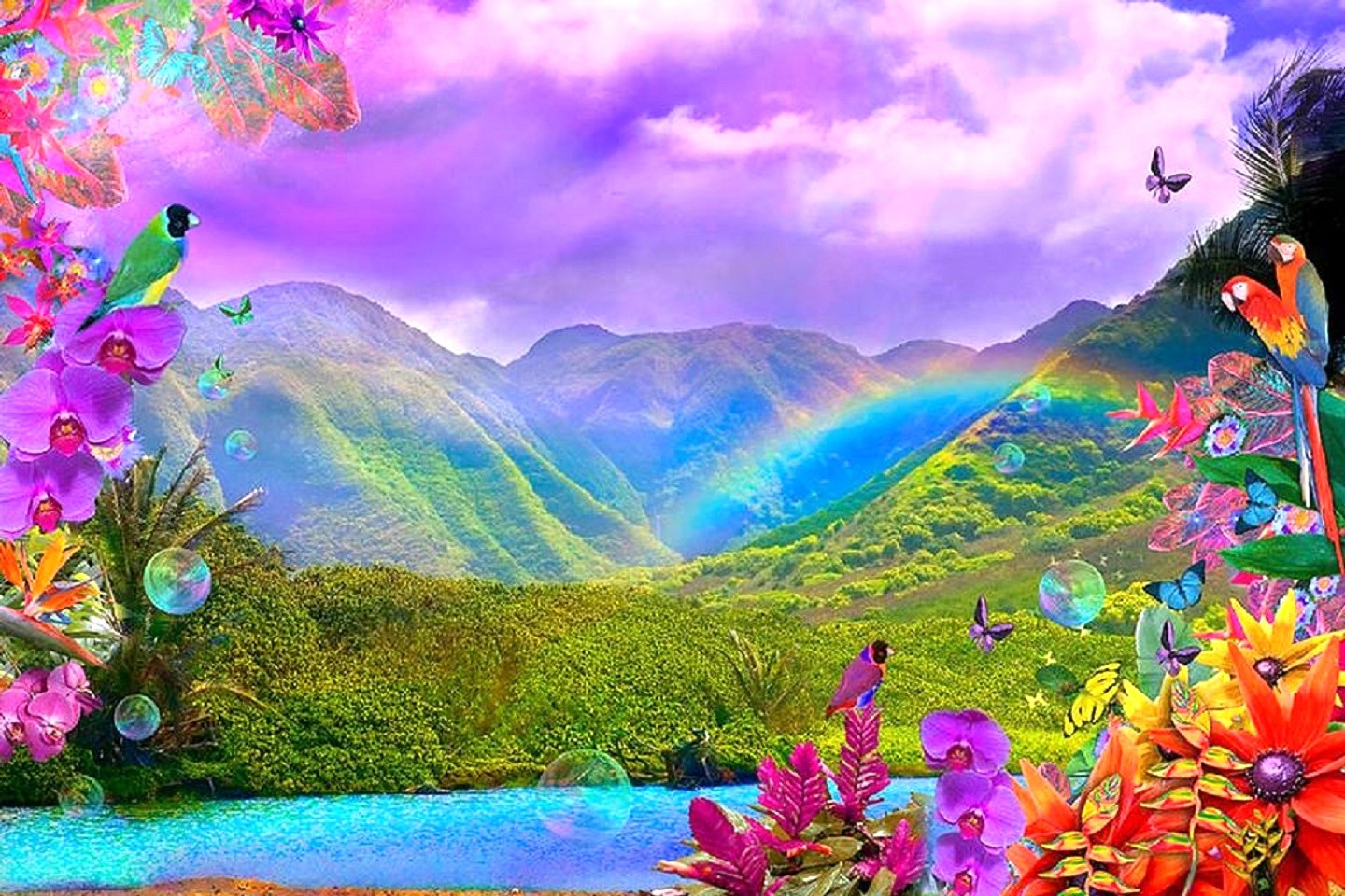 Flowers paradise. Яркая природа. Пейзаж. Пейзаж с радугой. Райская природа.