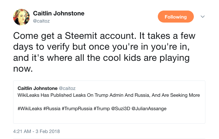 Caitlin Johnstone on Twitter   Come get a Steemit account. It takes a few days to verify but once you re in you re in  and it s where all the cool kids are playing now.… https   t.co VfSrR0yrdX .png