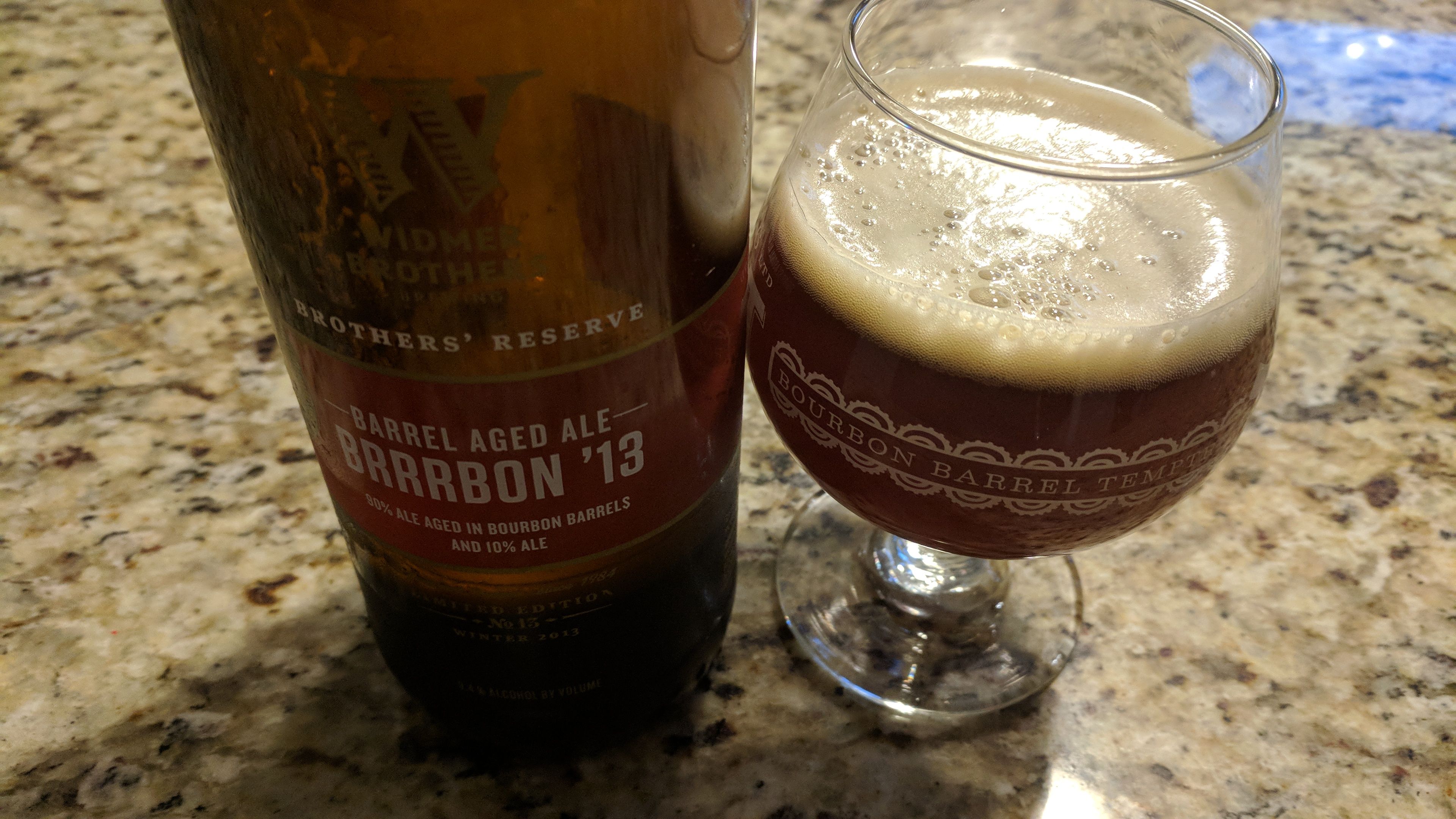 Barrel Aged Brrrbon (2013) by Widmer Brothers Brewing poured into a tulip glass