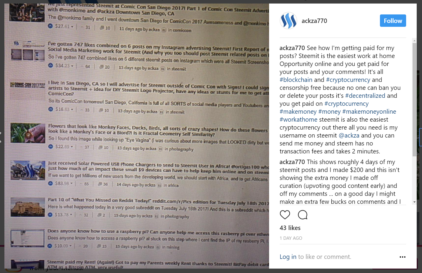 i just posted a screenshot of my steemit blog to instagram got 43 likes making my instagram followers very curious as to how i m earning money from - my instagram followers stuck