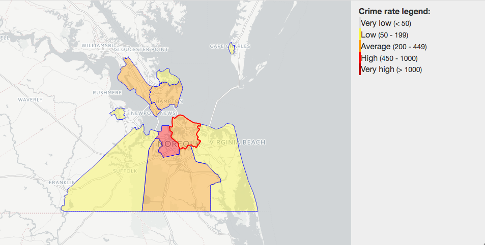 Crime in Norfolk  Virginia  VA   murders  rapes  robberies  assaults  burglaries  thefts  auto thefts  arson  law enforcement employees  police officers  crime map.png