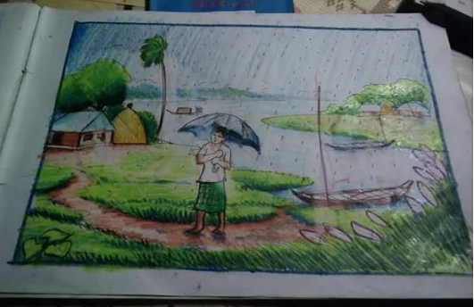 Sketch young woman walking umbrella rain Vector Image
