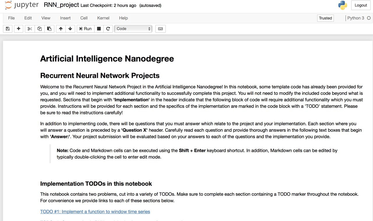 Recurrent Neural Network project notebook start page