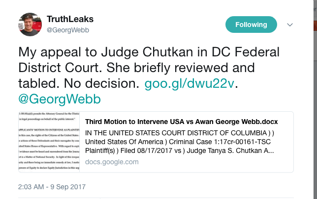 TruthLeaks on Twitter   My appeal to Judge Chutkan in DC Federal District Court. She briefly reviewed and tabled. No decision. https   t.co RDtmQPGaaY.  GeorgWebb .png
