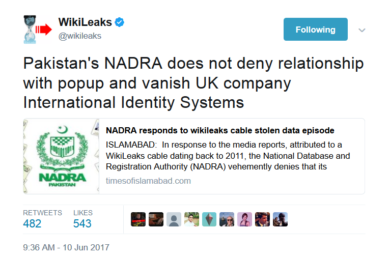 WikiLeaks on Twitter   Pakistan s NADRA does not deny relationship with popup and vanish UK company International Identity Systems https   t.co hr48REhv1n .png