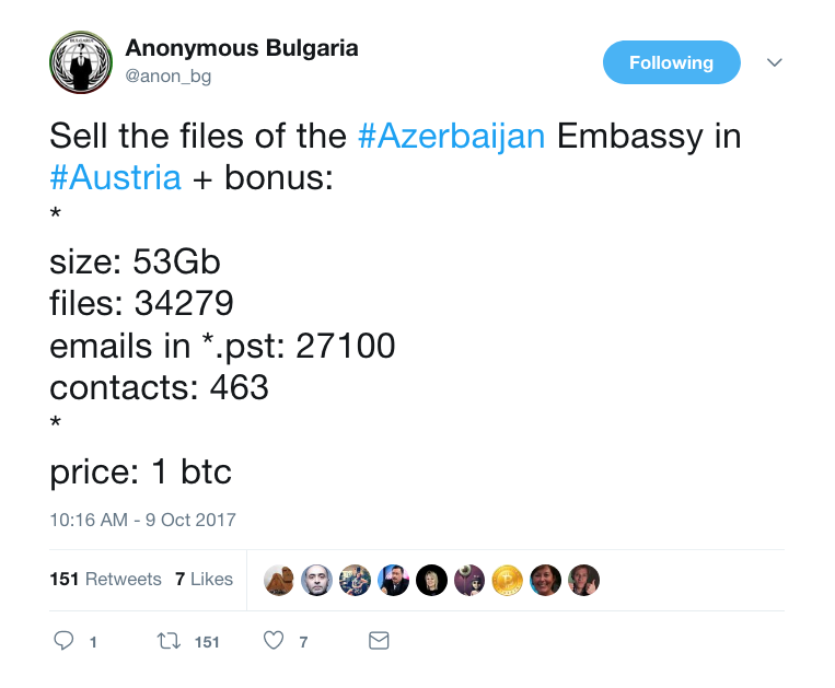 Anonymous Bulgaria on Twitter   Sell the files of the  Azerbaijan Embassy in  Austria   bonus    size  53Gb files  34279 emails in  .pst  27100 contacts  463   price  1 btc (1).png
