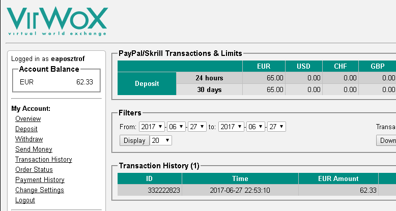 VirWox: changing euro to bitcoin and withdrawing it in 7 steps