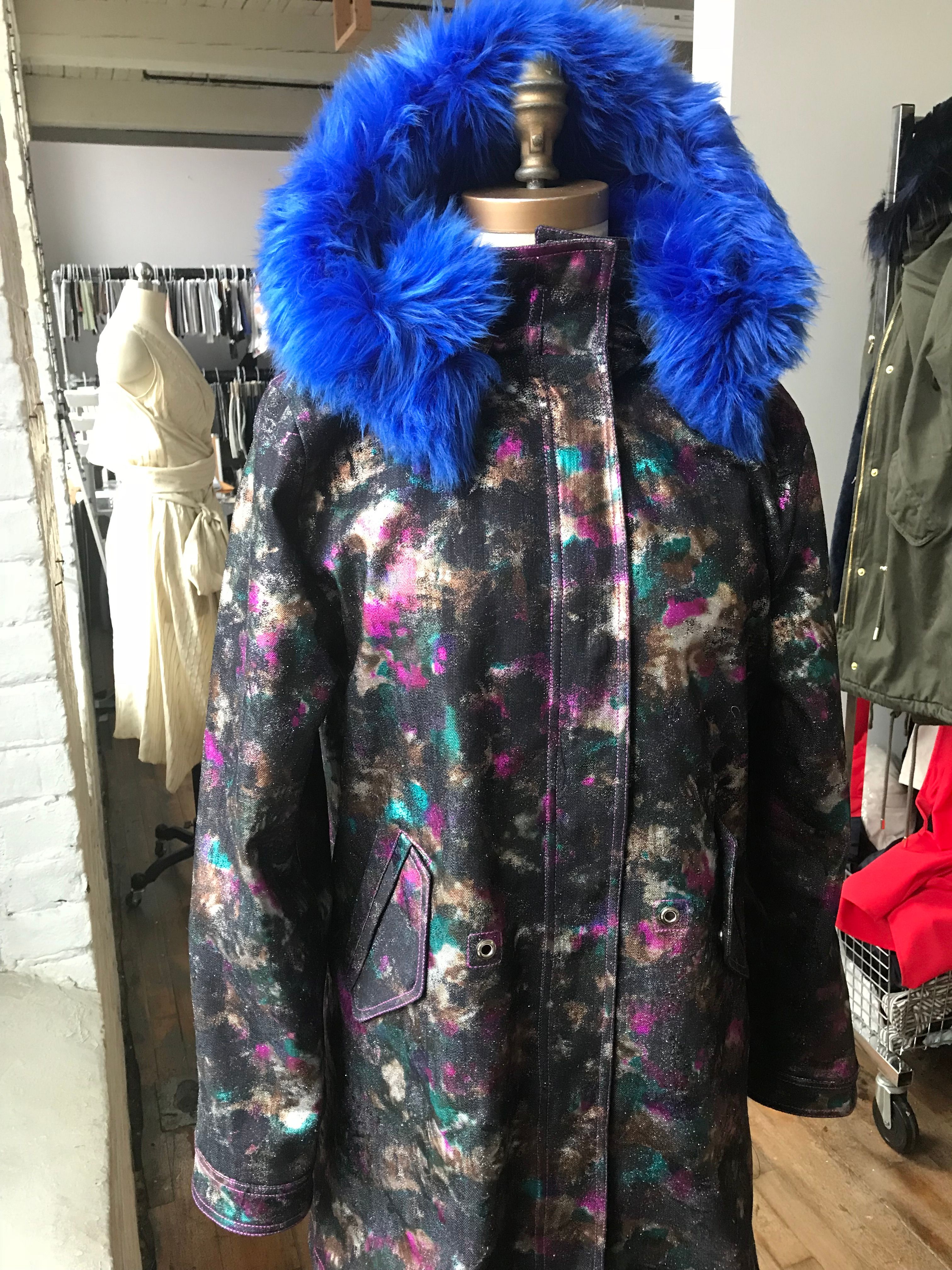 blue fur trim coat