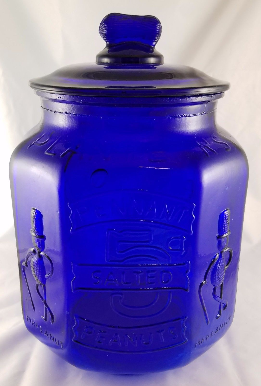 Peanut PENNANT 5¢ PEANUTS Cobalt Blue Glass Octagonal Jar Planters Mr