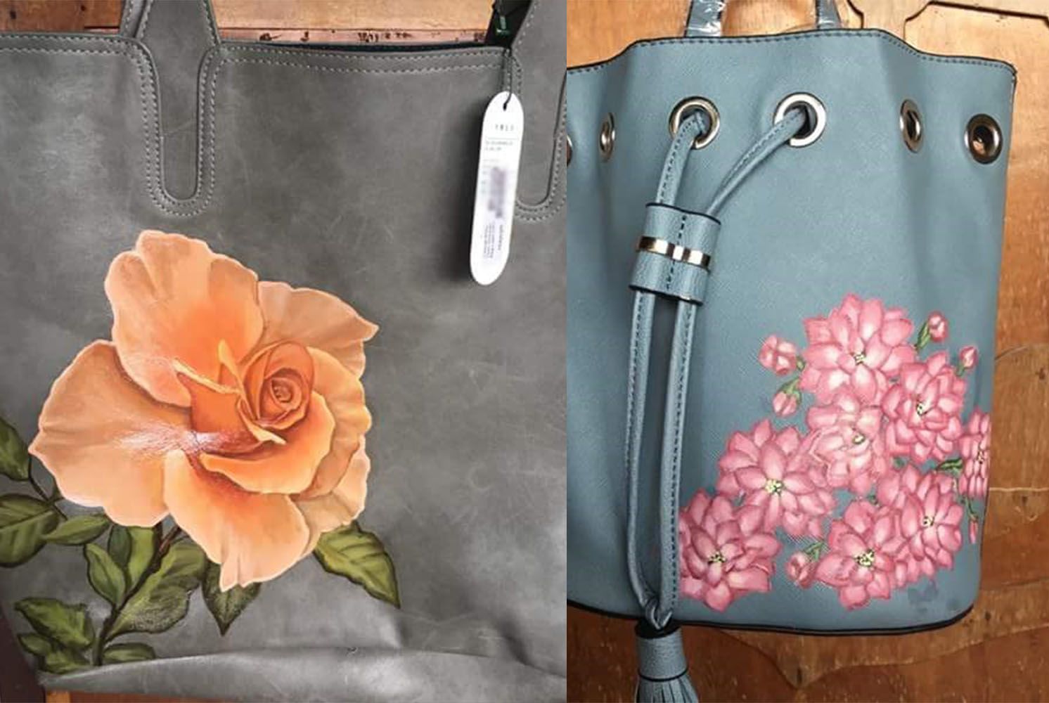 acrylic paint on leather bag