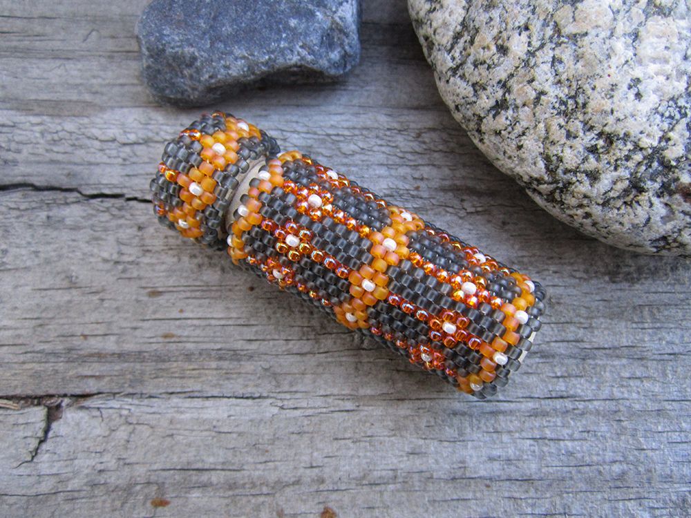 Orange Grey seed beaded needle case 1b.jpg