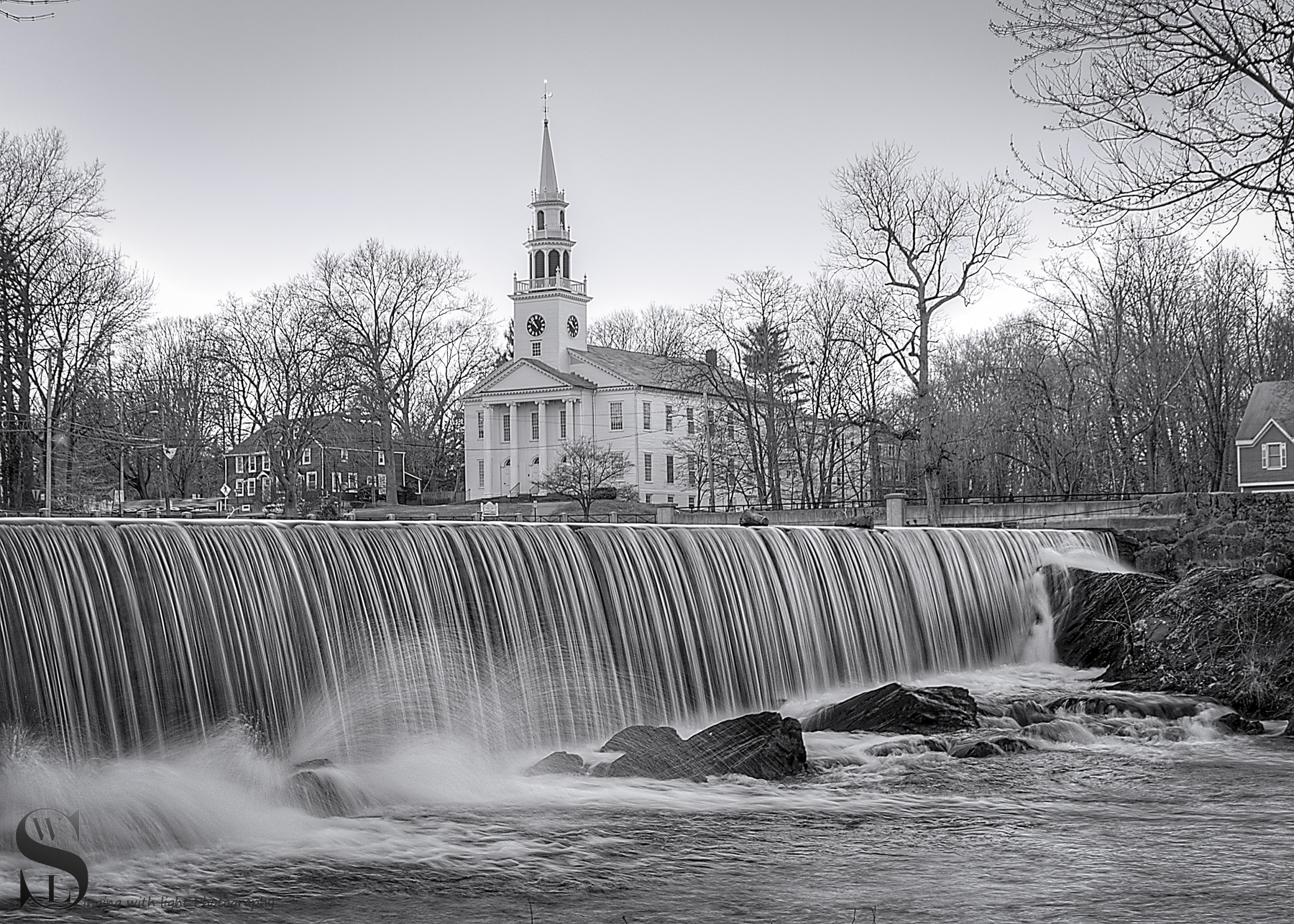 Duck pond falls and church March 2014.jpg