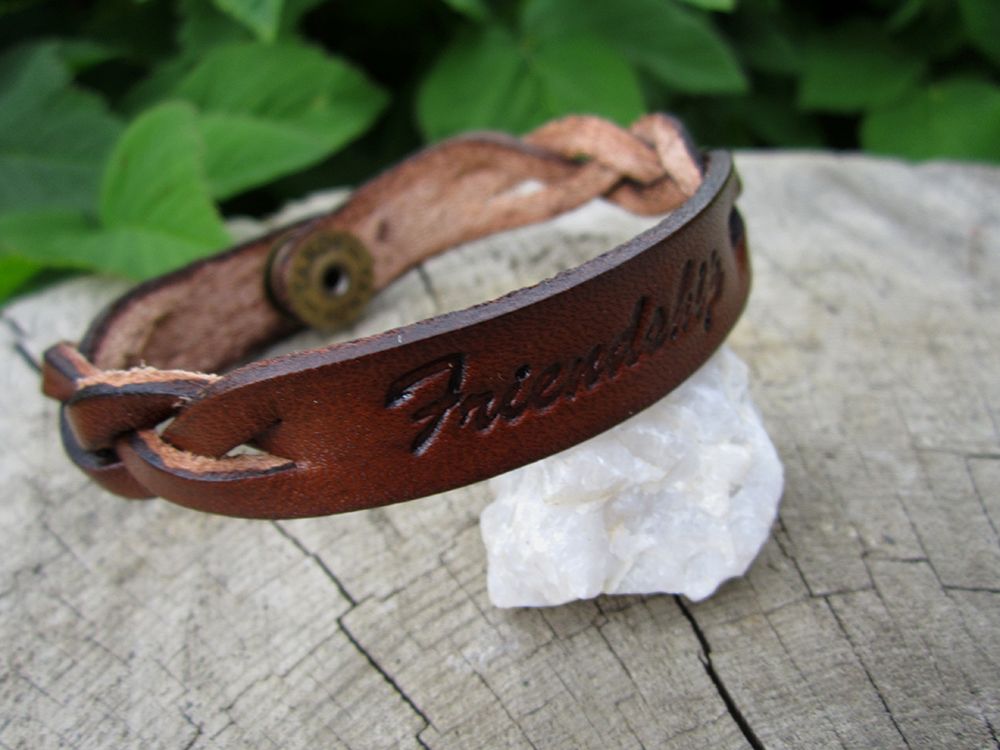 Friendship Brown Hand Tooled Braided Leather Bracelet 1a.jpg