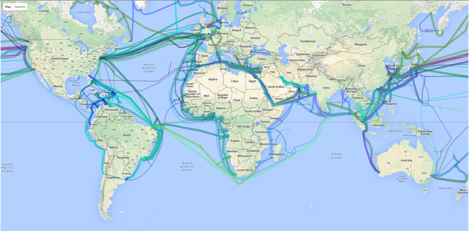Карта интернет кабелей мира