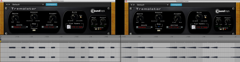 Comparison of two different modulating signals. Left: square signal tremolo. Right: ramp-up tremolo. Note: the signals are not in phase.