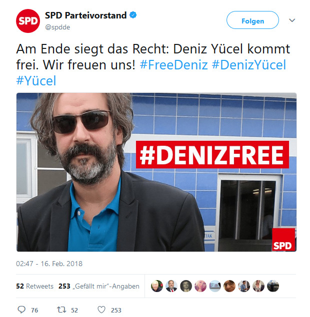 SPD Parteivorstand auf Twitter   Am Ende siegt das Recht  Deniz Yücel kommt frei. Wir freuen uns   FreeDeniz  DenizYücel  Yücel…  .jpg