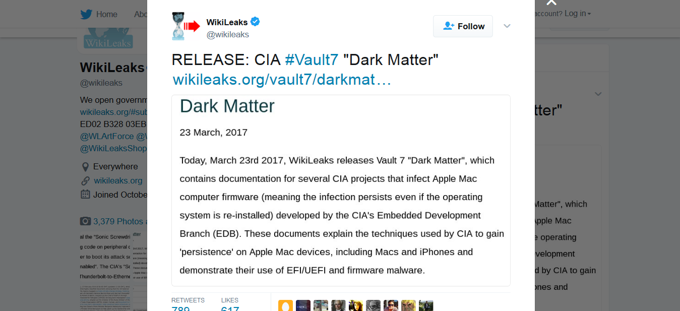 WikiLeaks on Twitter   RELEASE  CIA  Vault7  Dark Matter  https   t.co pgnfeODXVB https   t.co vkI16f3vMD .png