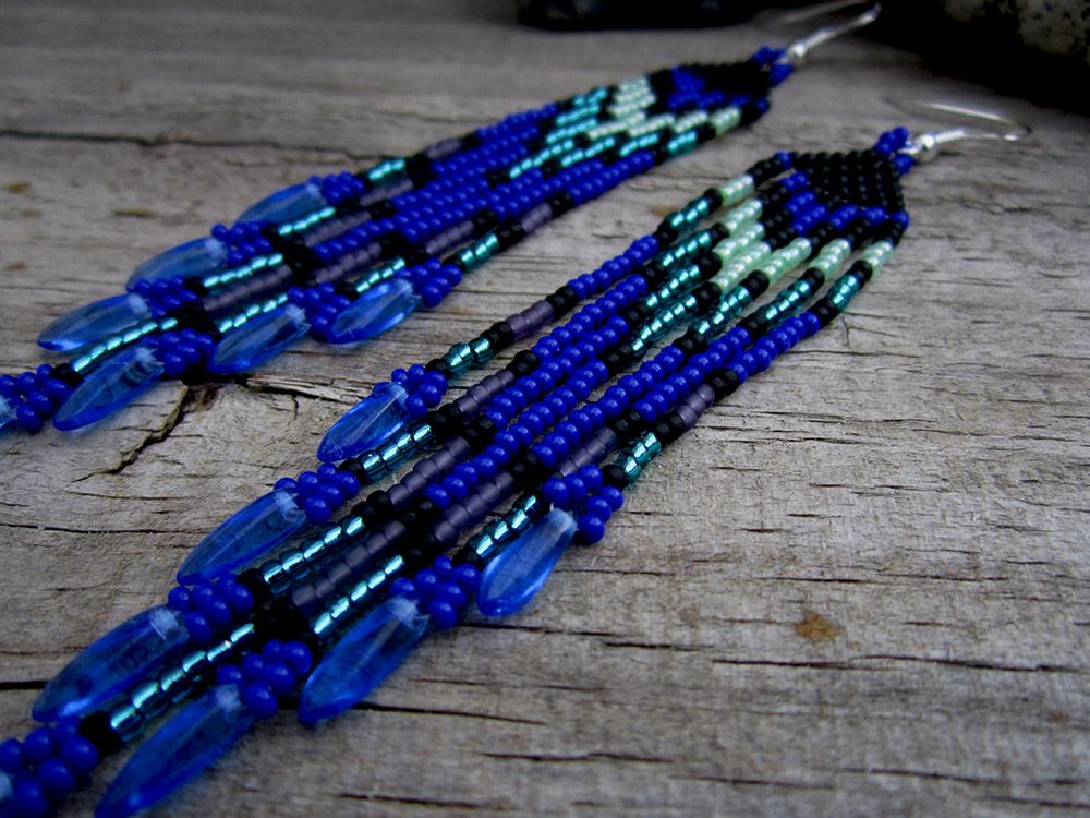 Blue and Green Seed Beaded Fringe Earrings 1b.jpg