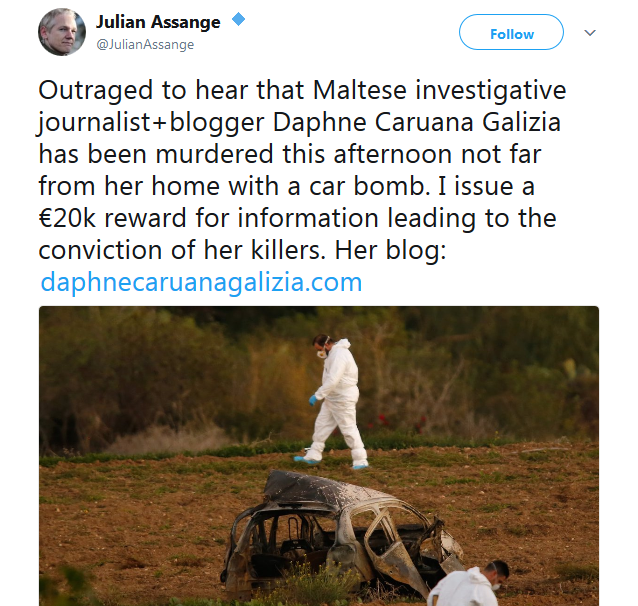 Julian Assange 🔹 on Twitter   Outraged to hear that Maltese investigative journalist blogger Daphne Caruana Galizia has been murdered this afternoon not far from her home… https   t.co OBrzFhNZPh .png