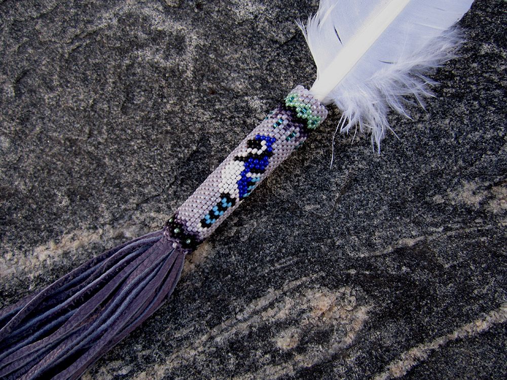 Blue Jay Eagle Peyote Stitch Smudge Feather 1f.jpg