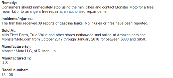 Monster Moto Recalls Mini Bikes Due to Fire Hazard