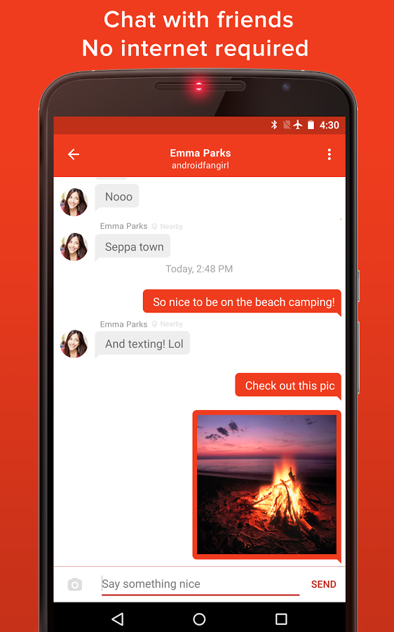 Chatting, from https://play.google.com/store/apps/details?id=com.opengarden.firechat&hl=en&rdid=com.opengarden.firechat