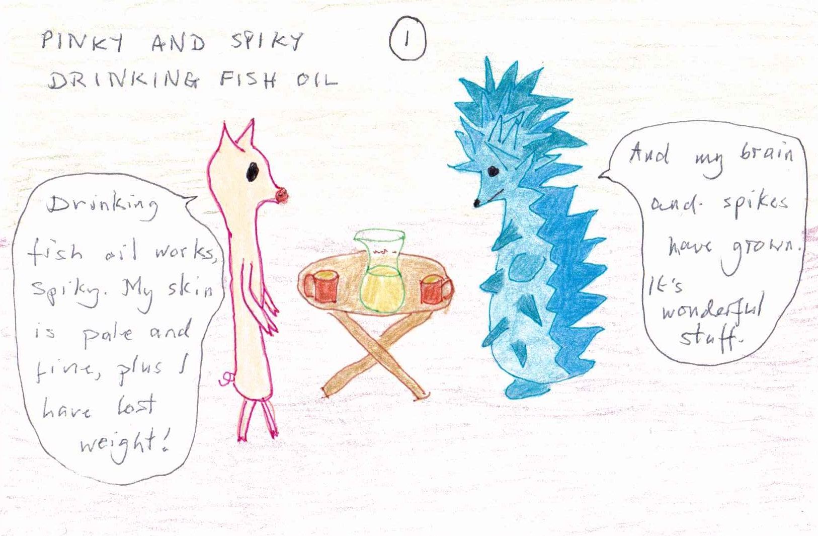 Pinky and Spiky Drinking Fish Oil 1.jpg